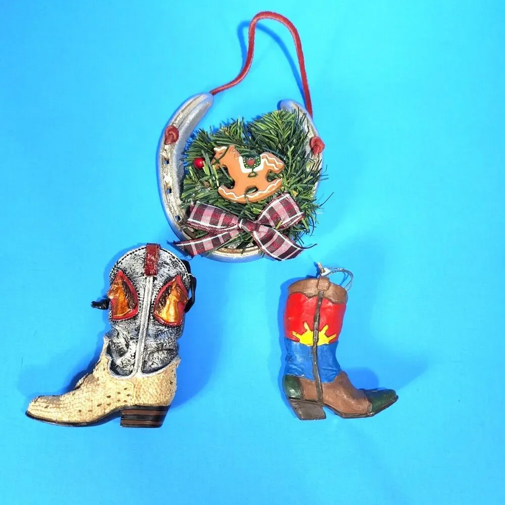 Christmas Country Western Ornaments Lot X 3 Boots Horseshoe Hanging